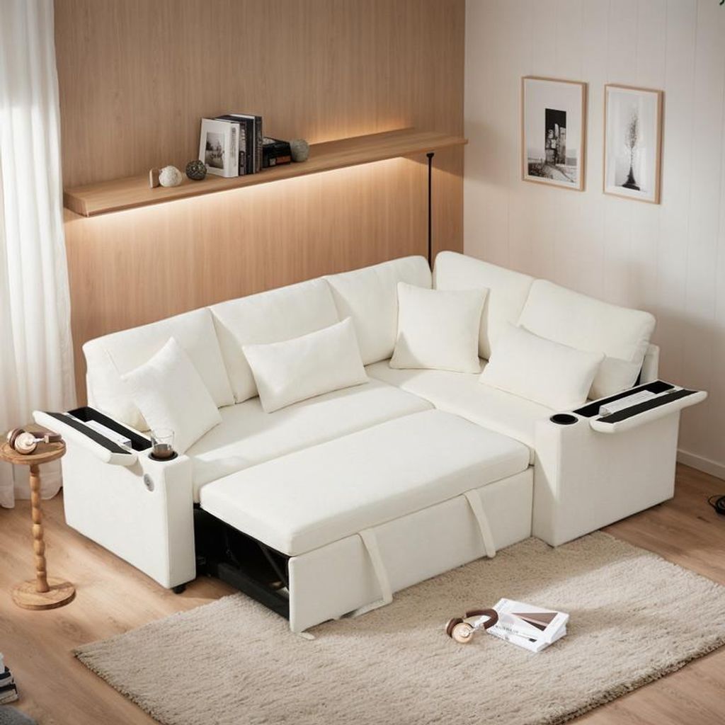 (Weiß) L-förmiges Schlafsofa mit Stauraum, Getränkehaltern, USB-Ladeanschluss, Armlehnenablage und 4 Kissen – Ausziehbares Ecksofa für Wohnzi...