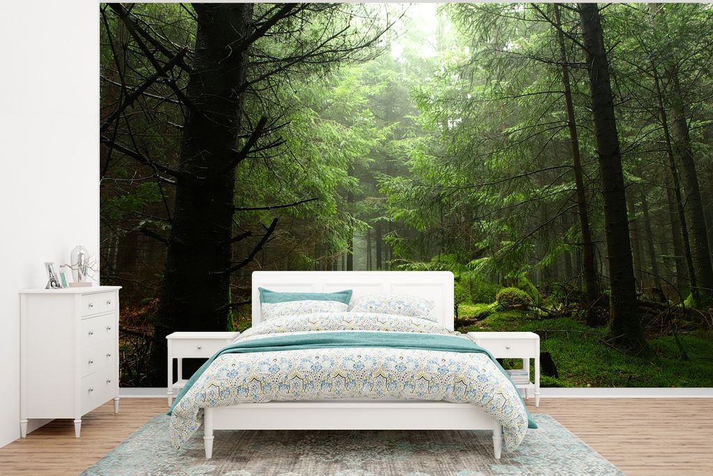 MuchoWow Fototapete für Wohnzimmer oder Schlafzimmer Wandtapete Vinyl Motivtapete Frankreich - Wald - Grün - 295x220 cm - Wand Tapete