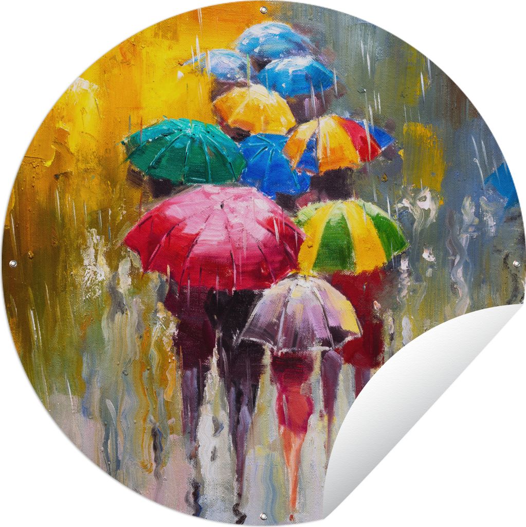 MuchoWow Gartenposter Outdoor-Poster Rund Gemälde - Regenschirm - Öl Ø 60 cm Gartendeko Rundes Poster draußen