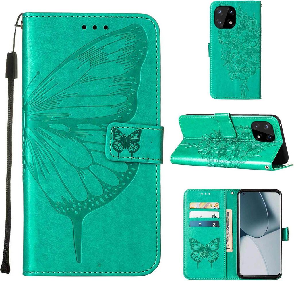 OnePlus 10 Pro Hülle, Schmetterling Prägung Flip Leder Kartenfächer Schutzhülle Ledertasche mit Ständer für OnePlus 10 Pro Grün