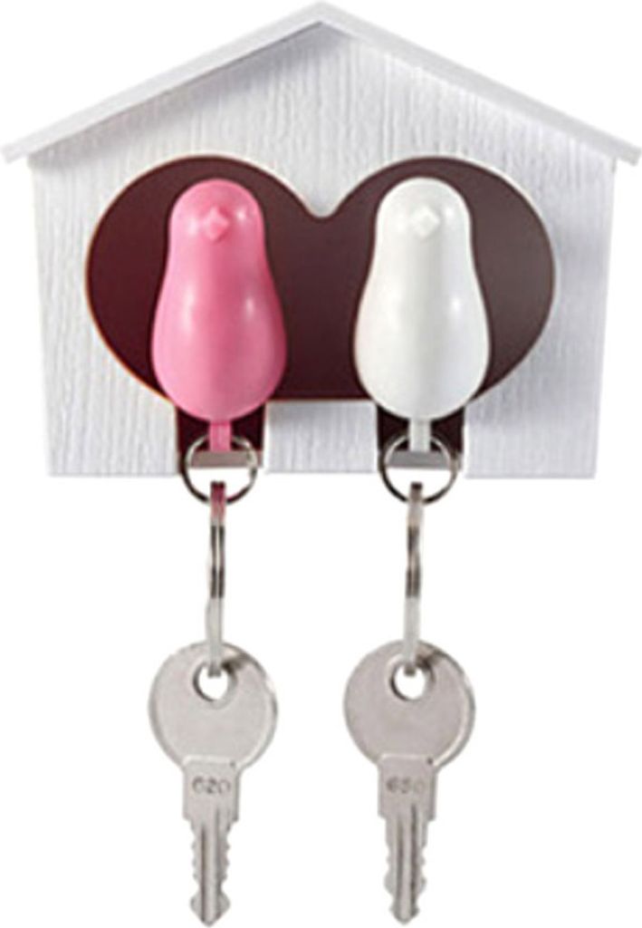2 Stück Vogel-Schlüsselanhänger + 1 Stück Sparrow Birdhouse Home Wall Mount Key Ring Holder Decor-Weiß Rosa
