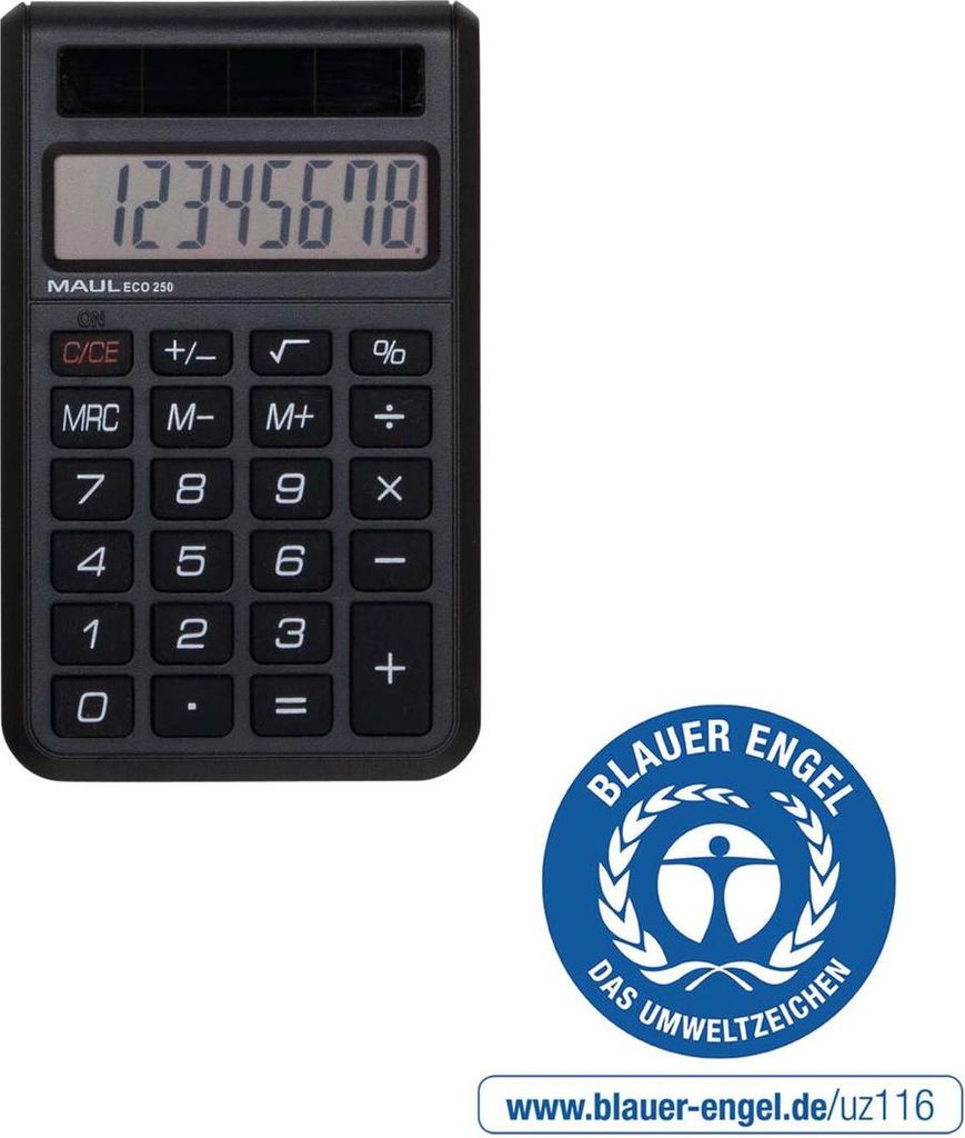 MAUL Taschenrechner ECO 250 LCD-Anzeige 1-zeilig, 8 Ziffern Solar 9.8 x 6 x 1.2 cm schwarz