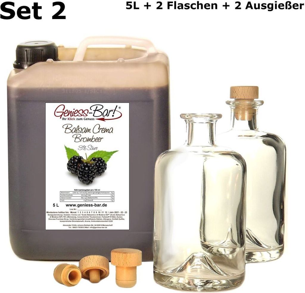 Balsamico Creme Brombeer 5L + 2 Flaschen & Ausgießer Mit orig.Crema di Aceto Balsamico di Modena IGP