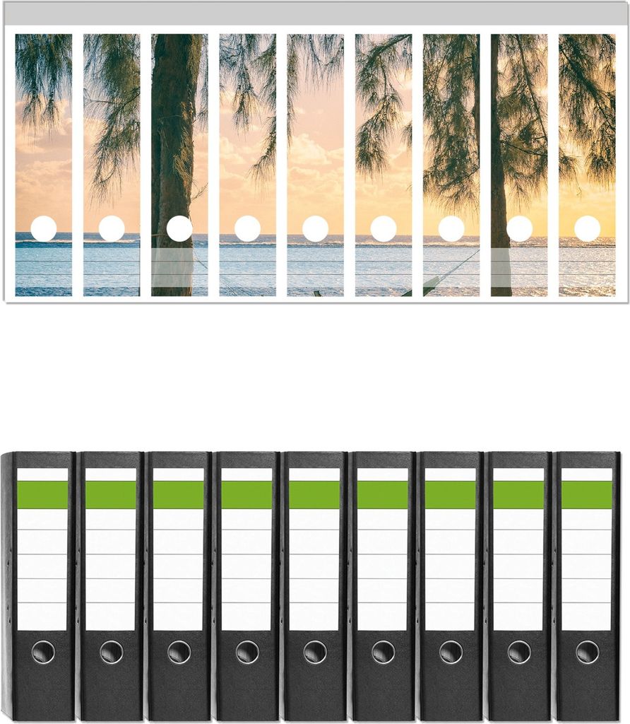 Wallario 9 Stück breite Ordner inkl. Klebeetiketten mit Motive Chillout - Hängematte am Meer - Set mit Rückenschildern / Ordnerrücken Stickern