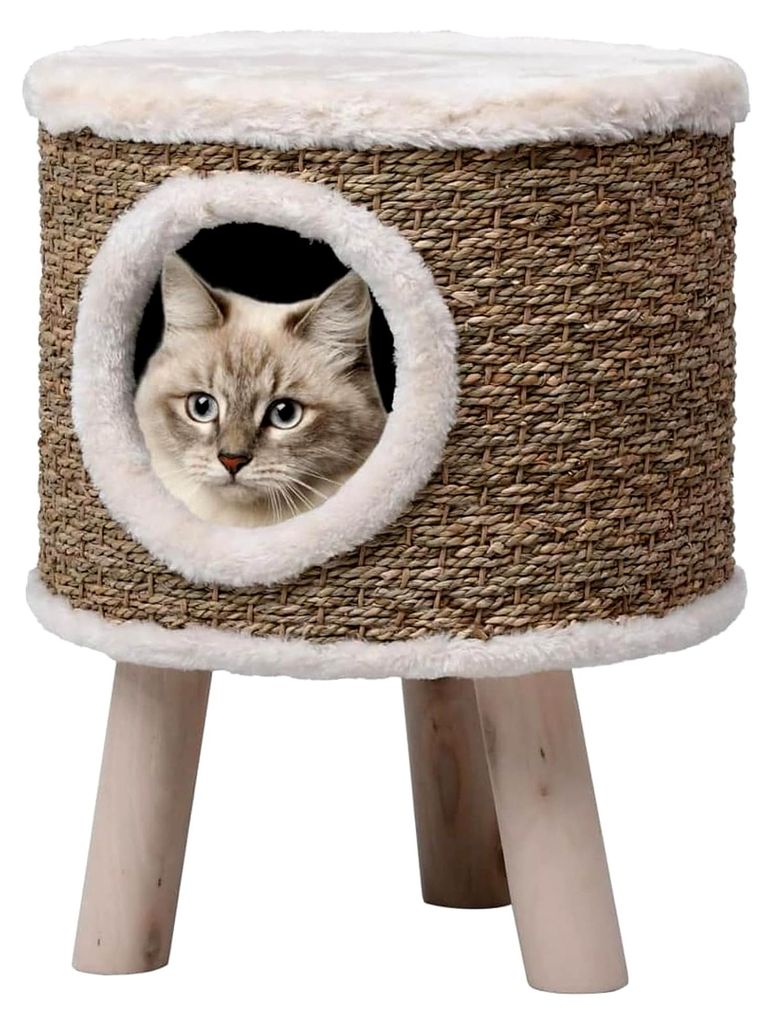 Katzenkratzbaum mit Holzbeinen 41 cm aus Seegras, Katzenmöbel, Kratztonne für Katzen, Aktivitätskratzbäume, Katzenzubehör