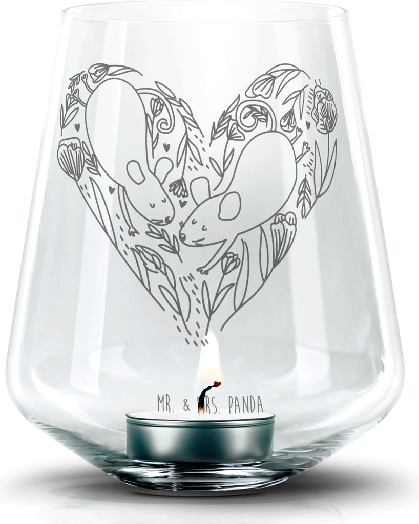 Mr. & Mrs. Panda gravur glas Mäuse Herz - Transparent - Geschenk, Laterne, Kerzenhalter, Liebe, Teelichthalter, Hochzeit, Deko Windlicht, für Imm...