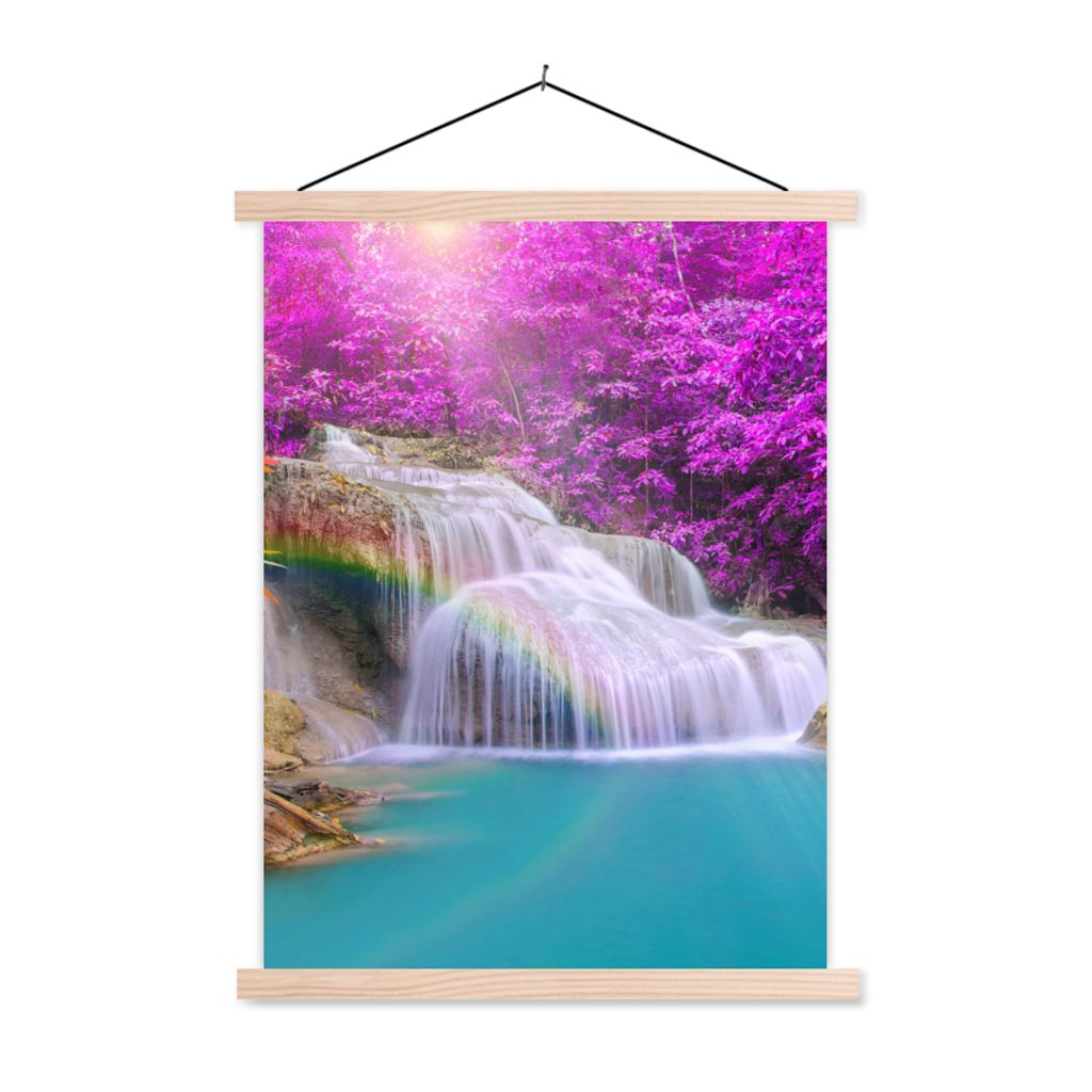 MuchoWow Textilposter Wasserfall - Bäume - Regenbogen - Lila 40x53 cm mit holzfarbenen Rahmen - Schlafzimmer