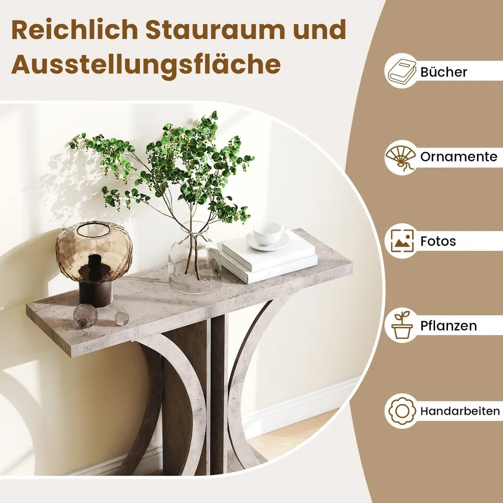 Table console étroite grise avec structure géométrique en métal gris