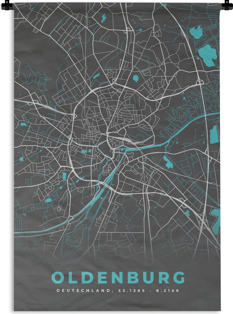 MuchoWow Wandteppich Wandbehang Oldenburg - Stadtplan - Blau - Karte - Deutschland 120x180 cm Tapisserie Dekoration Wandtuch - Schlafzimmer - Dek...