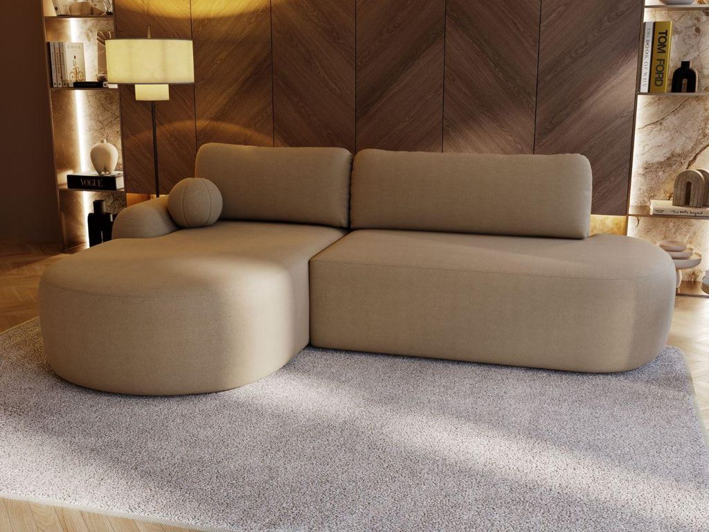 GrainGold Ecksofa L-Form Links Aurio O- Ecksofa mit Schlaffunktion und Bettkasten- Moderne Ecksofa, Wohnzimmer Ecksofa - Eckcouch Hellbraun (Lambi 10)