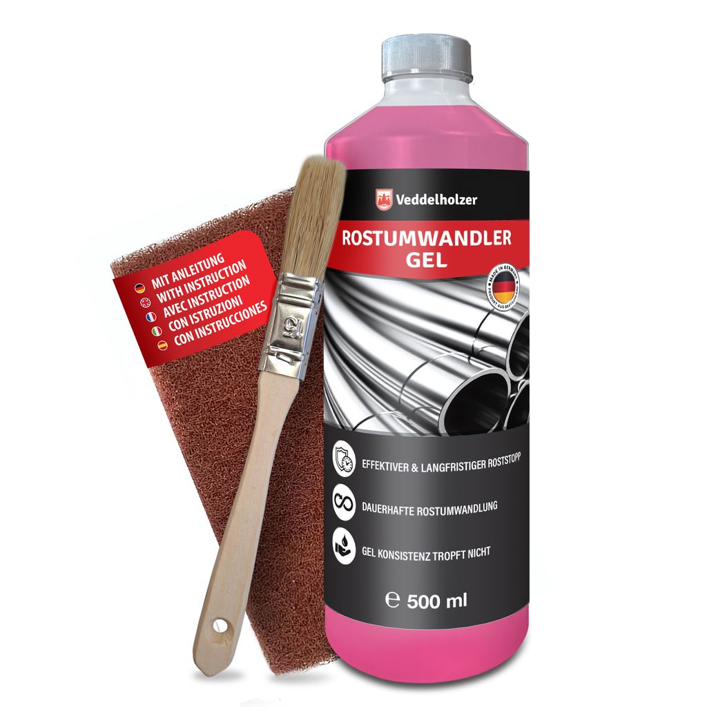 A bottle of rust converter gel, a brush, and a scrubbing pad are displayed against a white background.