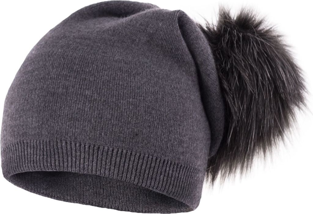 Damen Strickmütze mit Fell-Bommel, Strick-Beanie Bommelmütze Neverless dunkelgrau