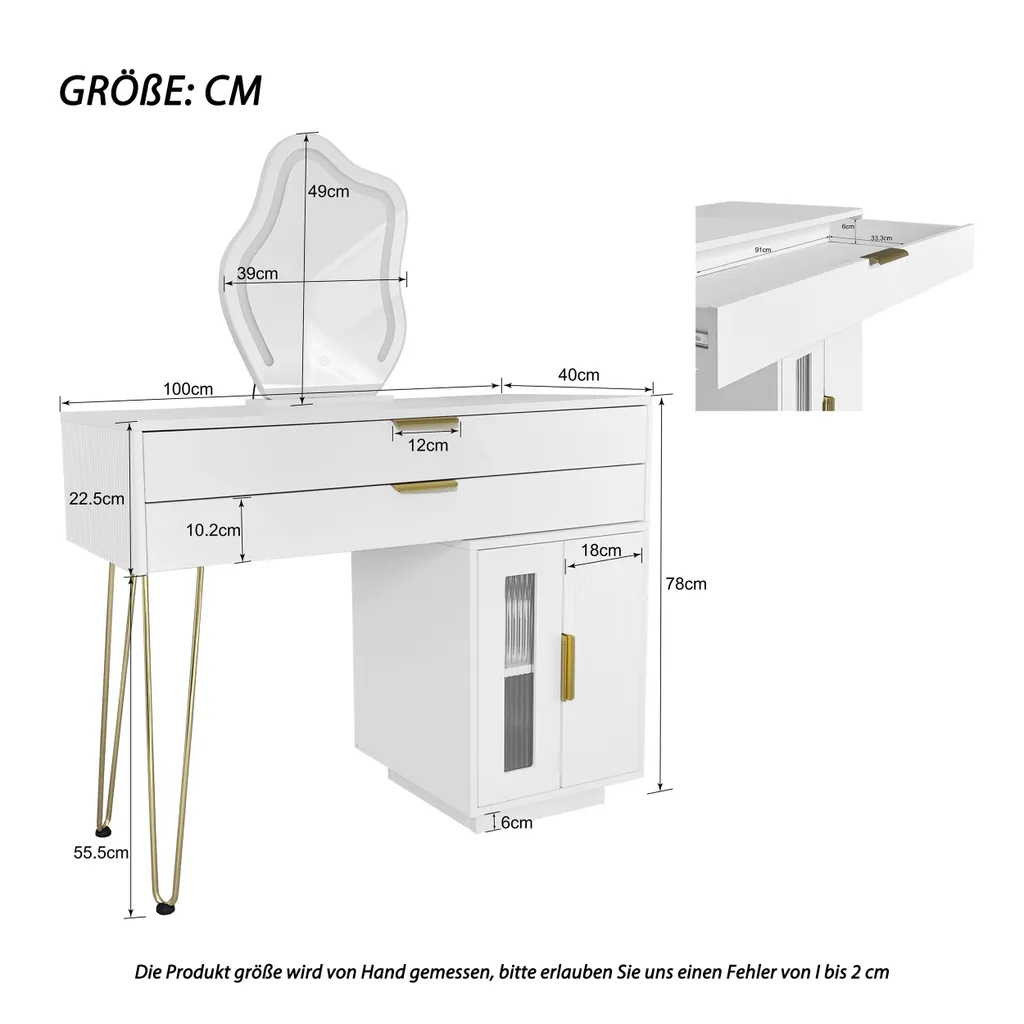 Table de maquillage extensible blanche avec miroir LED Abrihome Design