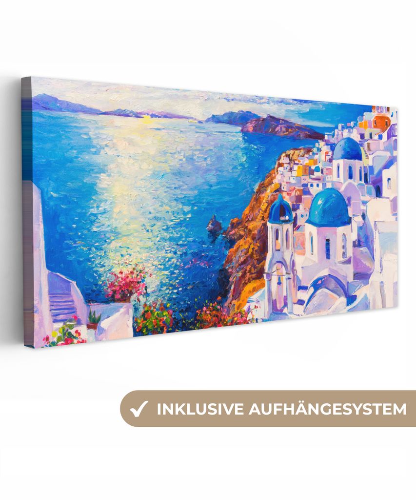MuchoWow - Leinwandbilder - Malerei - Griechenland - Wasser - Öl, Wandbild, Wanddeko Bilder Wohnzimmer, 40x20 cm