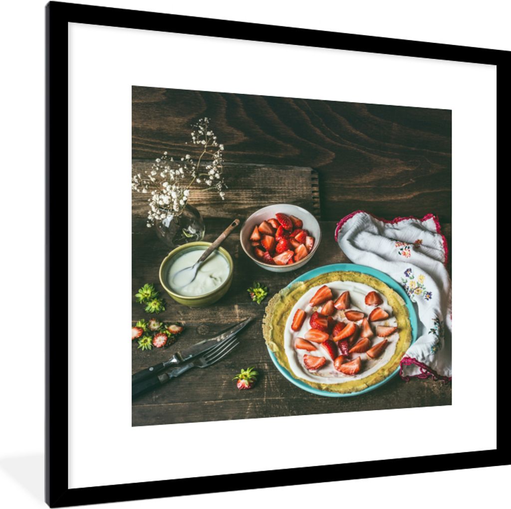 MuchoWow Gerahmtes Poster Erdbeere - Rustikal - Obst - Rustikale Blumen 40x40 cm - Poster mit Schwarzem Bilderrahmen Wandposter Rahmen Foto Bilde...