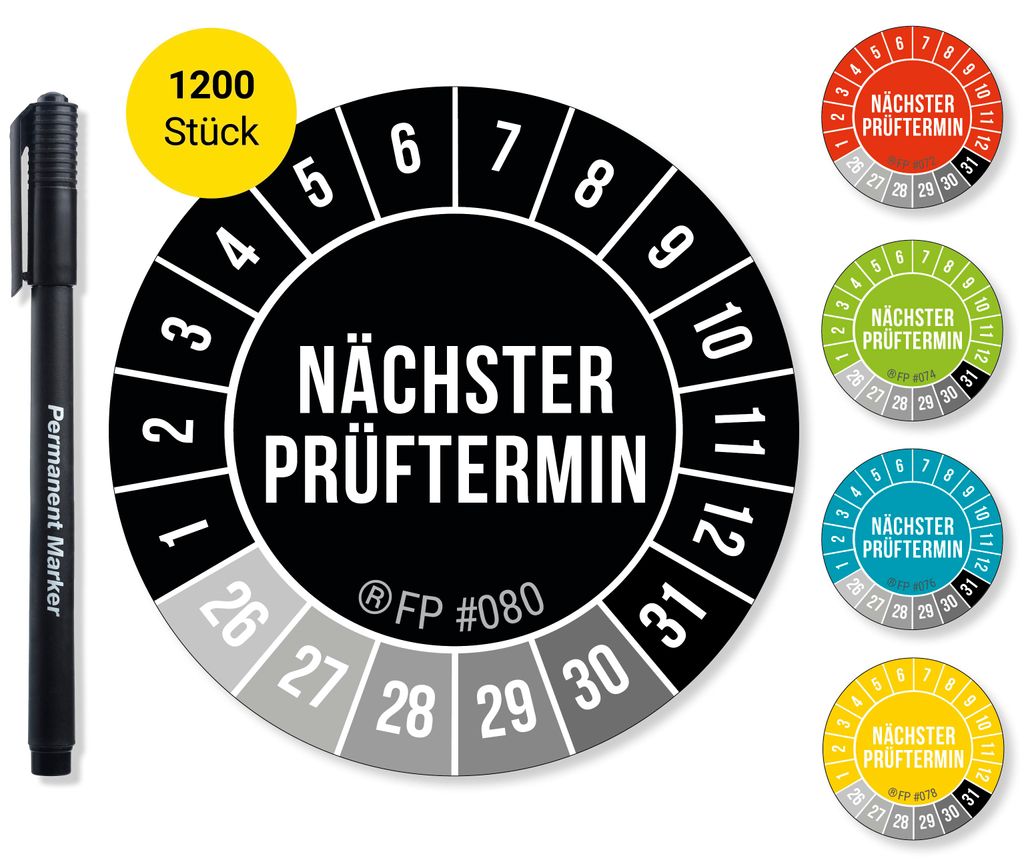 Frank Paperman – Nächster Prüftermin – 1200 Prüfplaketten 2026–2031, Ø 30 mm, Schwarz, selbstklebend, UV-beständig