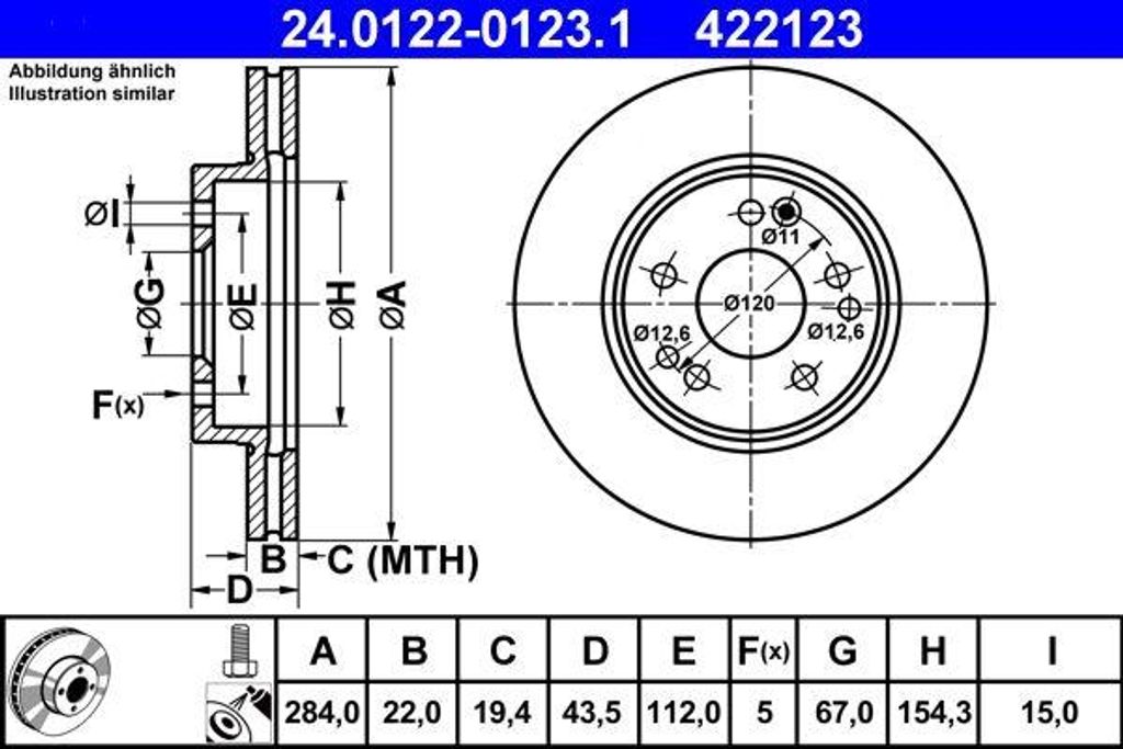 ATE 24.0122-0123.1 Bremsscheibe OE 1244212712 kompatibel mit E-Klasse