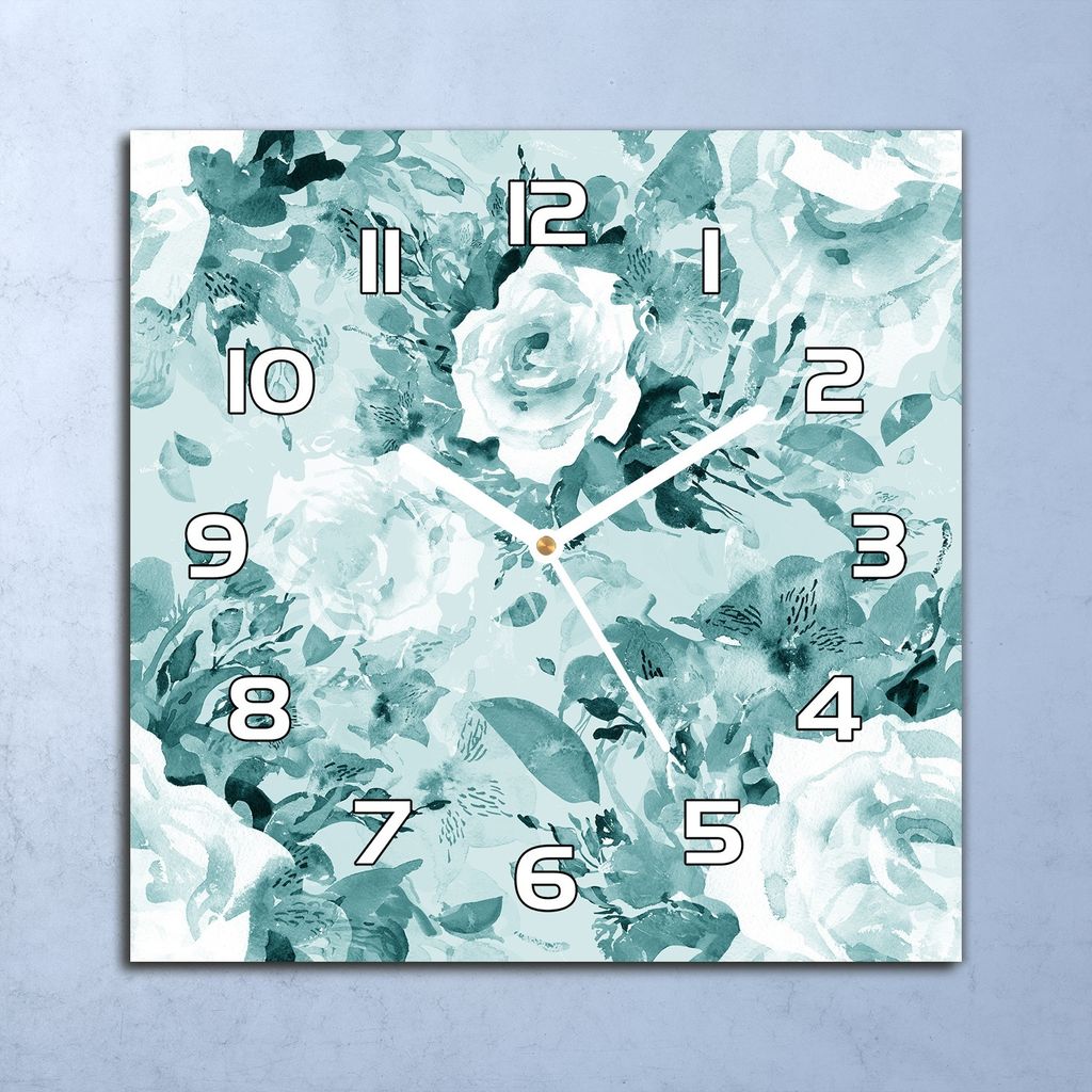 Deko Glasuhr Wanduhr 30x30 Wasser Blüten blau Quarz Küchenuhr Bürouhr
