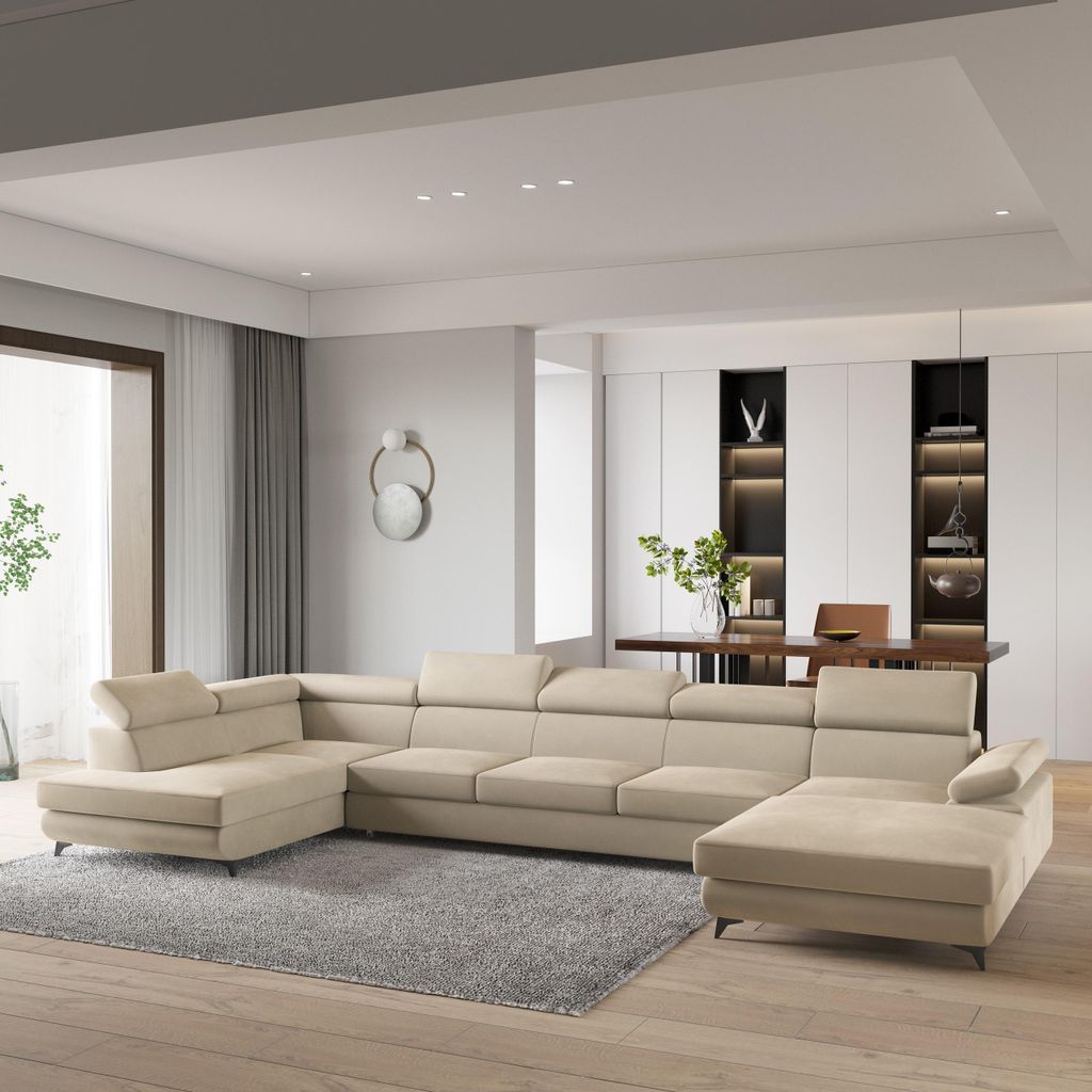 Masseno Ecksofa MONTIVA mit Schlaffunktion U-Form, Sofa mit Bettkasten, Wohnzimmersofa, Couch, Soffa, Bettsofa, Couchgarnitur- Creme, MONOLITH 04