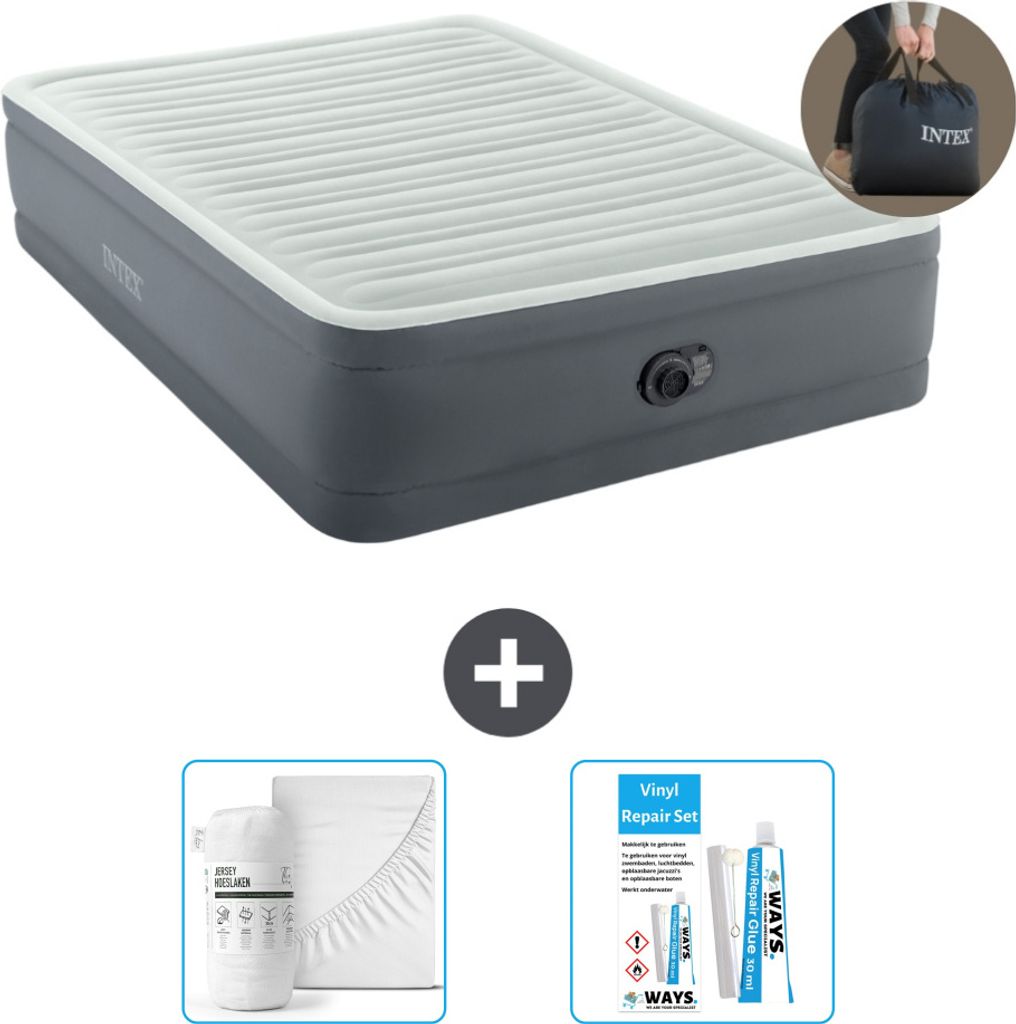 Intex Luftbett - 2 Personen - 152 x 203 x 46 cm - Grau - Inklusive Pumpe - Spannbettuch en Reperaturset