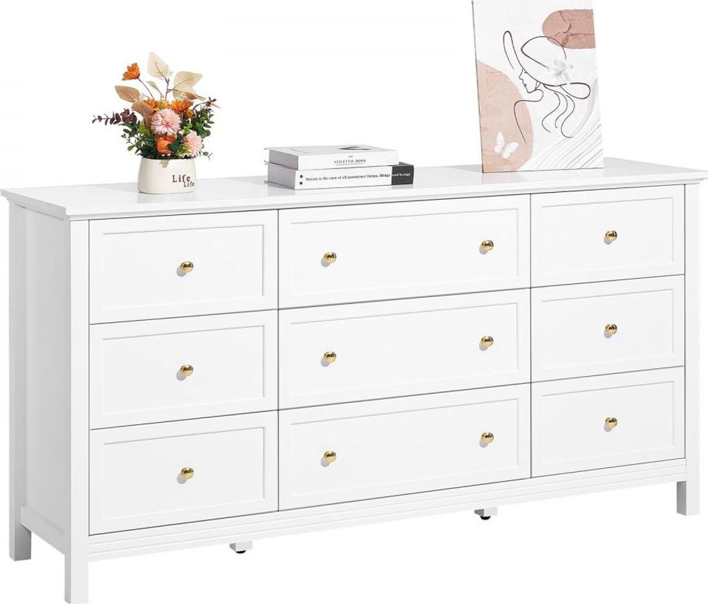 Holzkommode mit 9 Schubladen - Weißer Schubladenschrank mit Gleit- und Kippschutz - Hochwertige Schubladenkommode