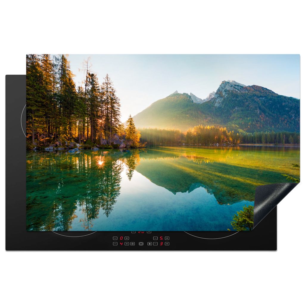 KitchenYeah Herdabdeckplatte See - Wald - Berge - Natur - Sonne - Landschaft , 81x52cm, Küche Deko, Glaskeramikkochfeld Herdabdeckung, Abdeckpla...