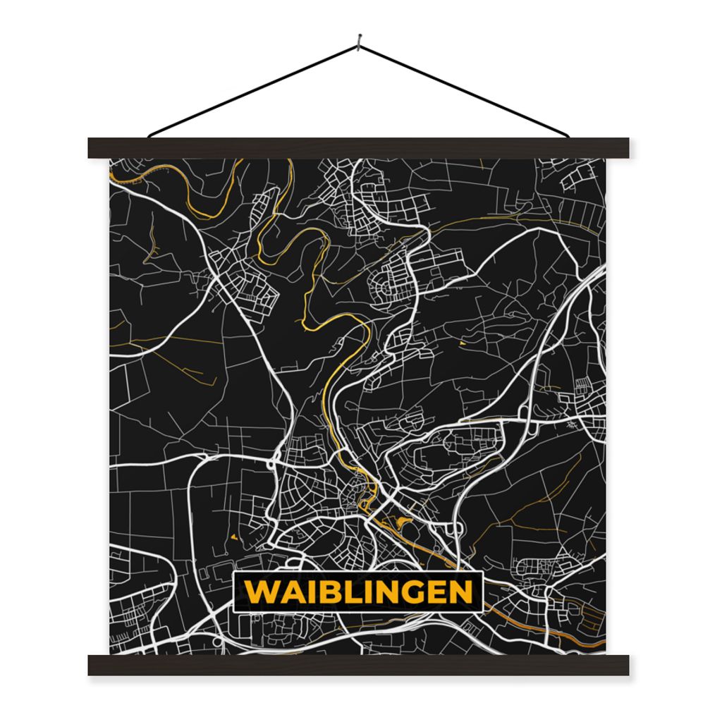 MuchoWow Textilposter Karte - Waiblingen - Gold - Stadtplan - Deutschland 40x40 cm mit schwarzem Rahmen - Fotos
