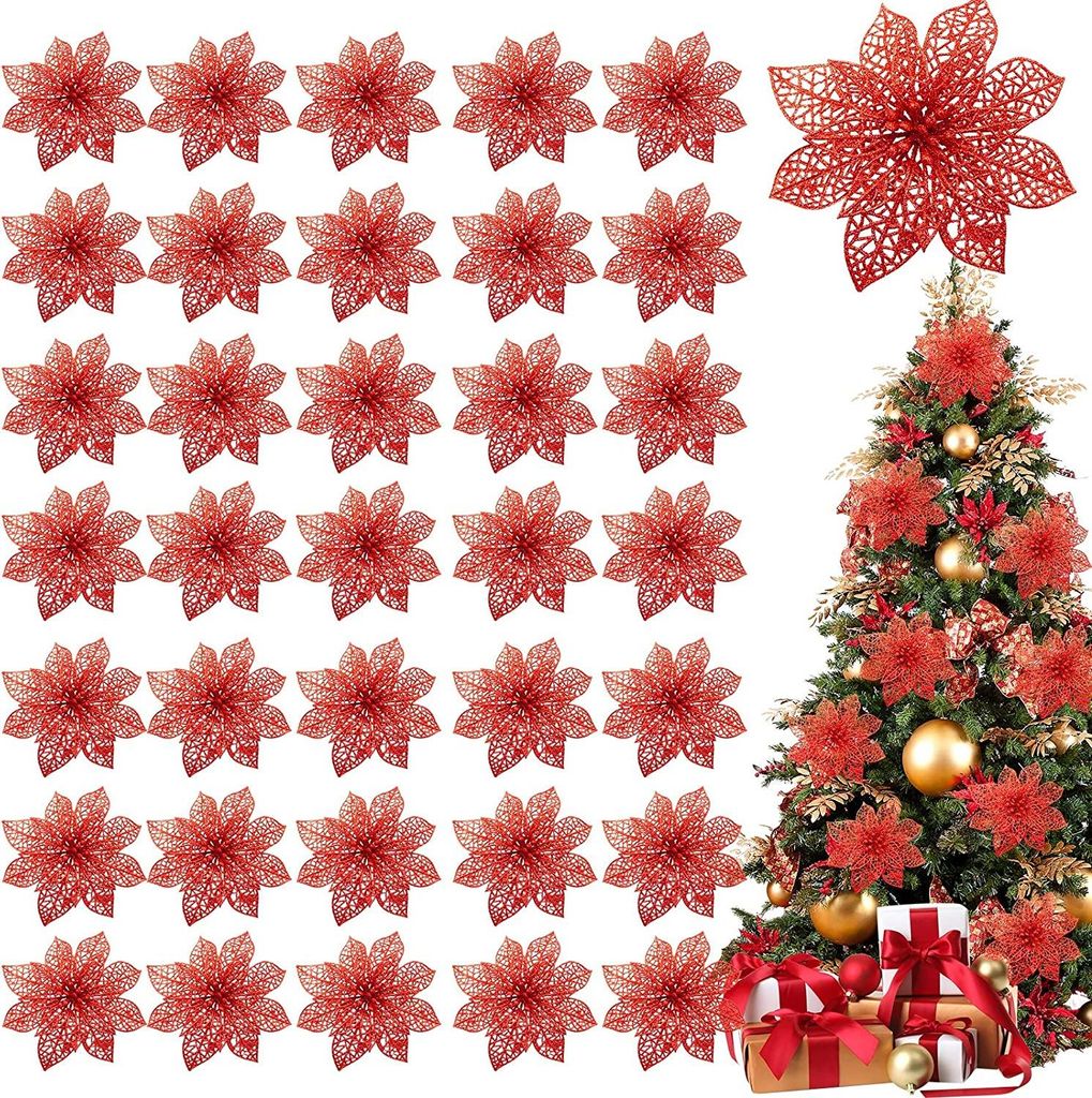 36er-Pack Weihnachtsblumen-Dekorationen, glitzernde Weihnachtsstern-Weihnachtsbaumkugeln, 10 cm lange künstliche Seidenblumen für Weihnachtskrän...