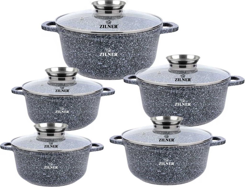 Topfset, Graue Töpfe mit Keramik-marmorbeschichtung, Induktionstöpfe, Glasdeckel, (5,6L/4,5L/3,2L/2,3L/1,3L)