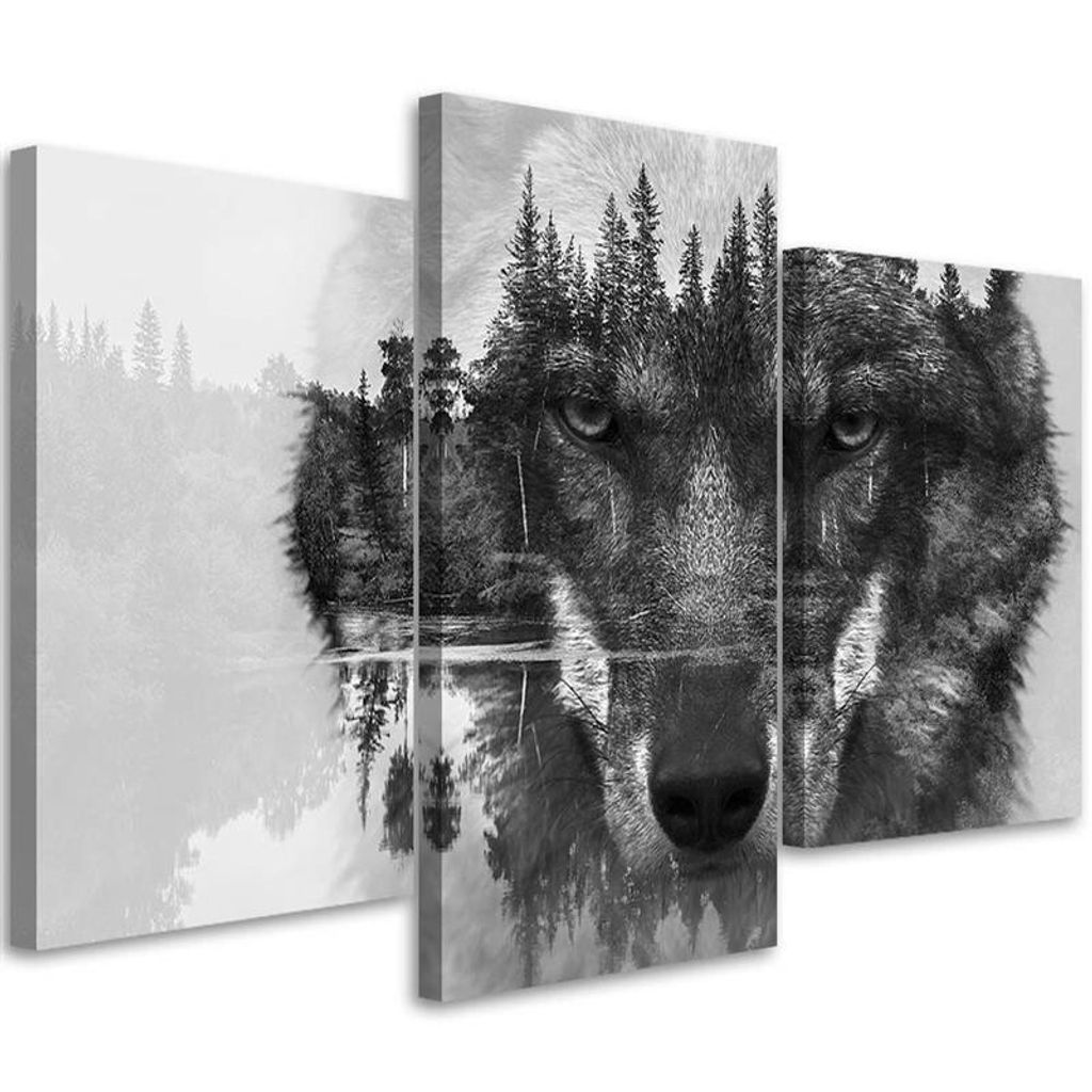 Triptychon auf leinwand schwarzer wolf abstrakt 60x40 cm Feeby grau wandbild bereit zum aufhängen
