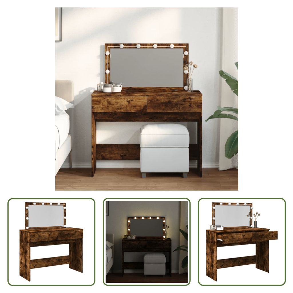 The Living Store Schminktisch mit LED-Beleuchtung Räuchereiche 100x40x120 cm