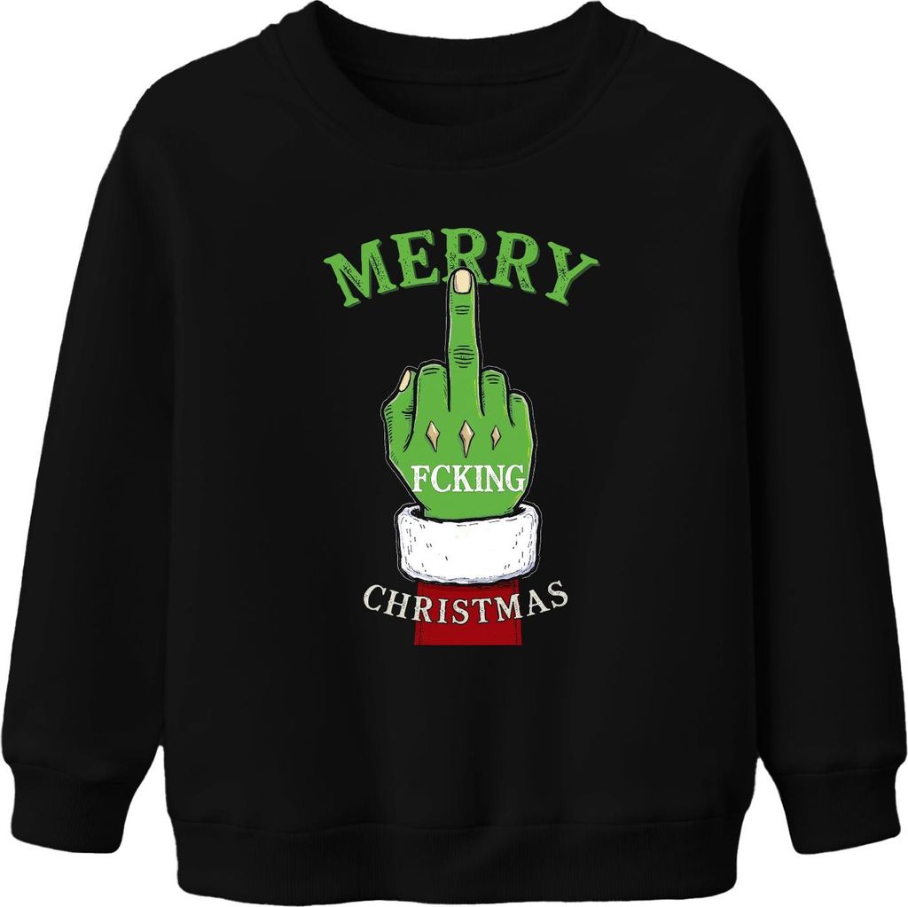 Merry Fcking Christmas Grinch Mittelfinger frech lustig böse Uni Kinder Sweatshirt Pullover, Schwarz, 104