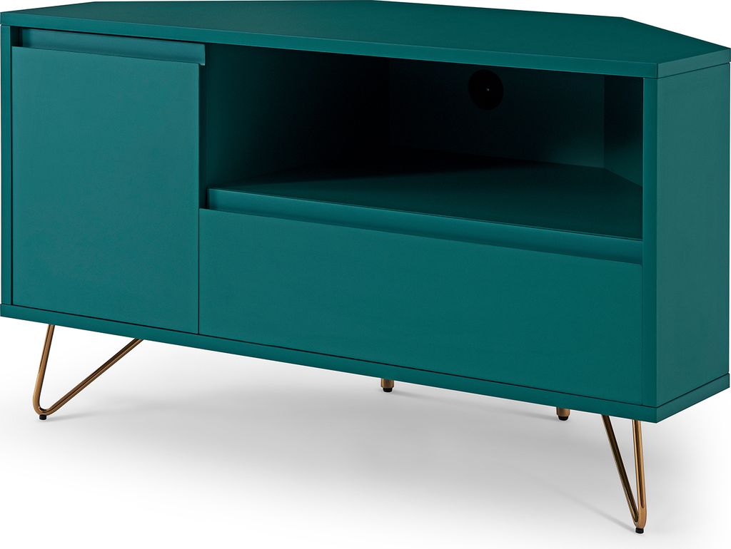 SalesFever Eck TV-Lowboard aus MDF | mit Tür, Klappfach und offenem Fach | Beine Metall mit Messinglegierung | B 100 x T 50 x H 58 cm | blau