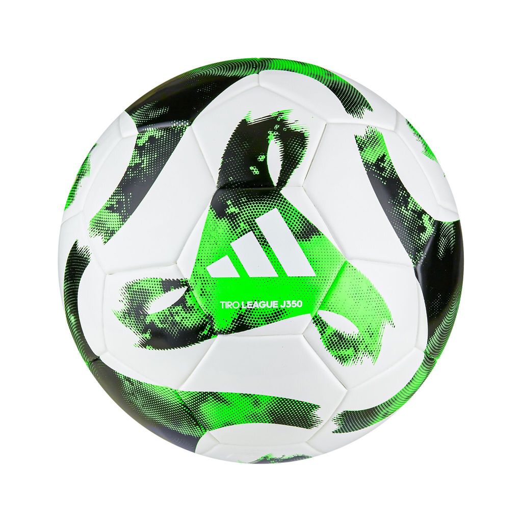 A soccer ball with a white, green, and black design.