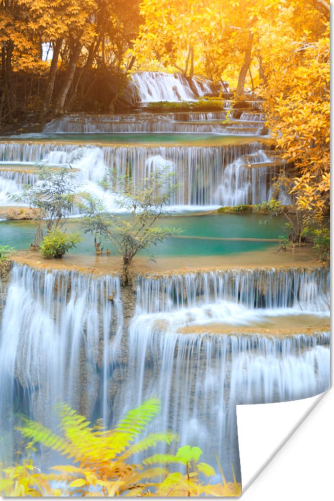 MuchoWow Poster Wasserfall - Herbst - Bäume - Braun - Wasser 80x120 cm - Papierdruck