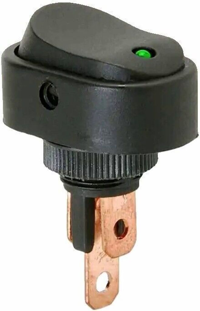 Kfz-Wippschalter 12V 20A, mit grüner LED, Lochmontage, Produktbild 