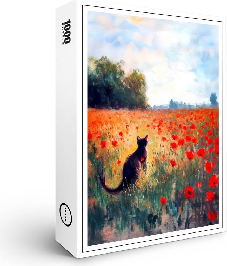 raxxa Premium-Puzzle "Impressionistic Oil Painting of Cat in Blooming Poppy Field", 1000 Teile