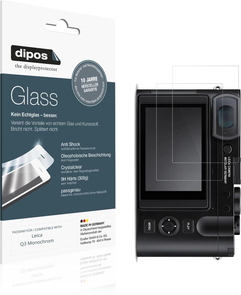 2x Schutzfolie für Leica Q3 Monochrom - Anti-Shock 9H Folie dipos Glass Kunststoffglas