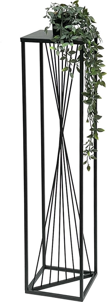 A black metal plant stand with a potted plant on top.