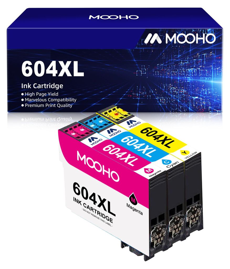 A product box and ink cartridges are shown, with the cartridges in the foreground.
