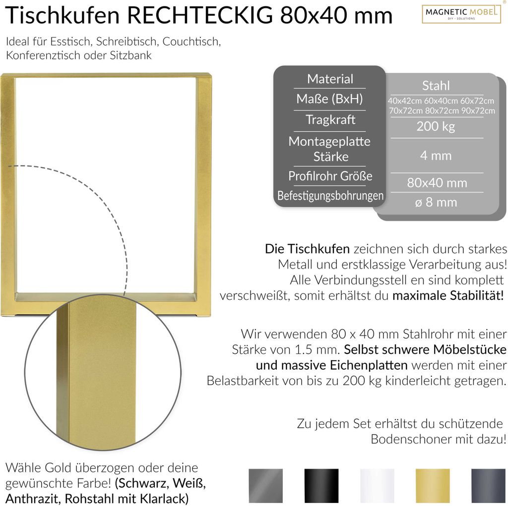 1 Paar Tischgestell Tischkufen Tisch Beine Gold 40x42 cm