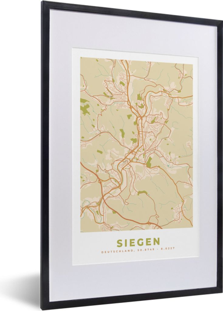 MuchoWow Gerahmtes Poster Stadtplan - Siegen - Vintage - Karte 40x60 cm - Poster mit Schwarzem Bilderrahmen Wandposter Rahmen Foto Bilder - Poste...