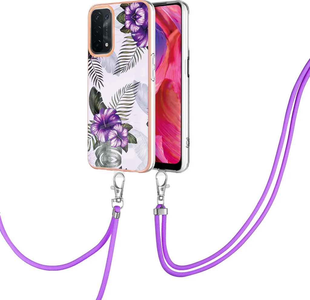 Custodia con cinturino per Oppo A74 5G/A93 5G/A54 5G/A93S 5G, custodia in TPU a fantasia con cinturino regolabile Viola