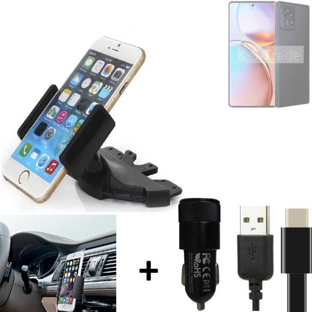 K-S-Trade CD Schlitz Handy-Halterung kompatibel mit Motorola Edge+ 2023 Autohalterung KFZ-Halter Radio Handy Halterung 360° drehbar CD-Schacht inkl.