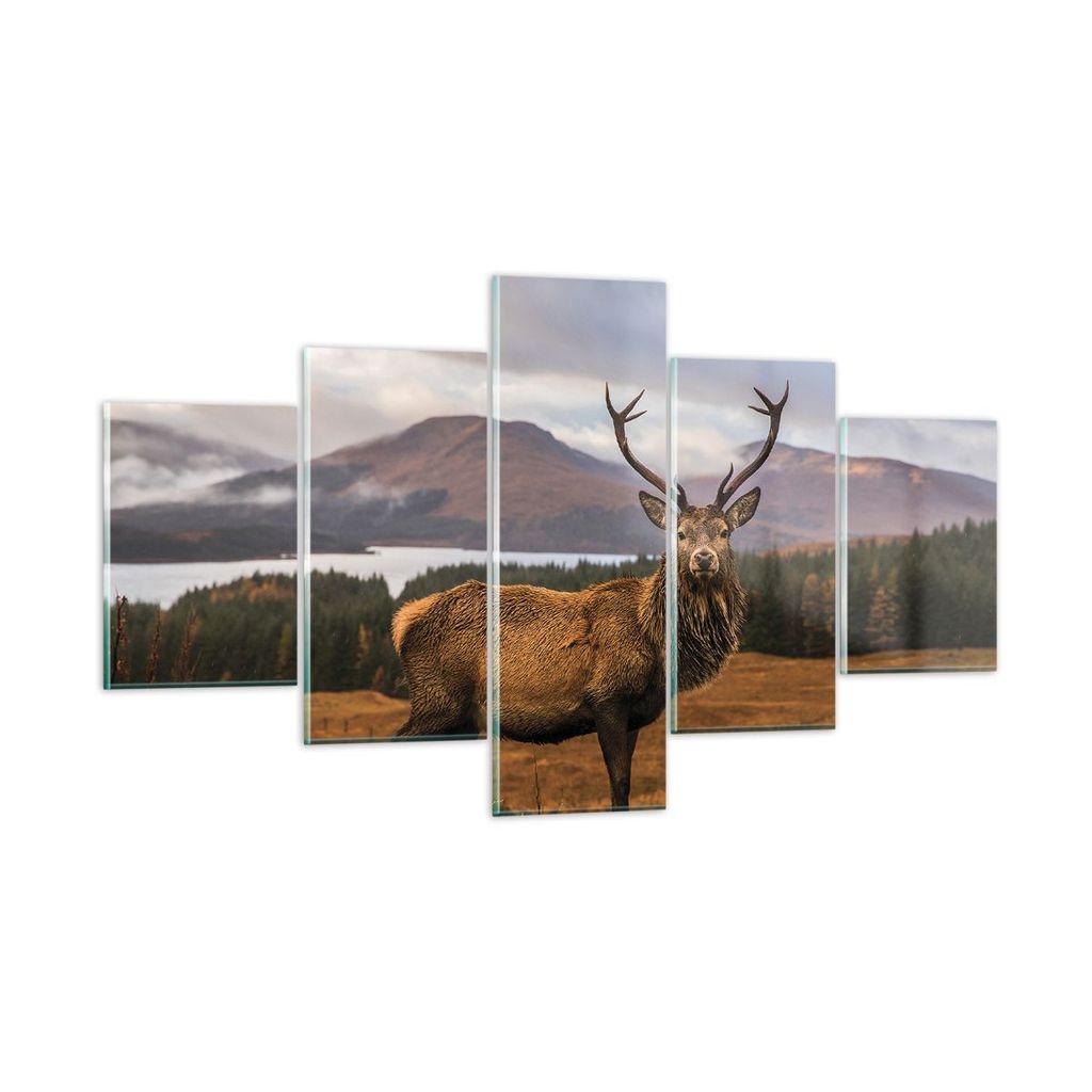 Bilder auf glas - 5 Teile - Rehe Wiese Berge - 125x70cm - Glasbilder - Wandbilder - Bilder - zum Aufhängen bereit - Wanddekoration aus Glas - Glas...