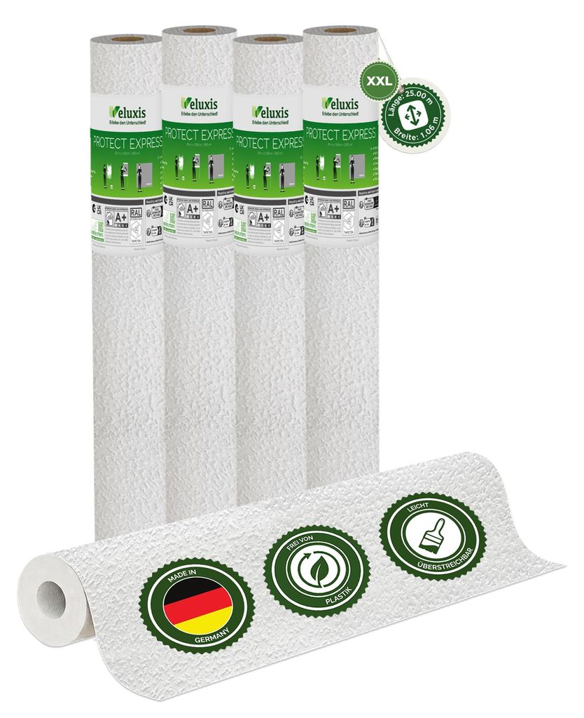 Vliestapete Vliestapete weiß – PROTECT Körnerstruktur 4er Set, 4 x 25,00 m x 1,06 m, kratz- & stoßfest, rissüberbrückend, leicht zu reinigen...