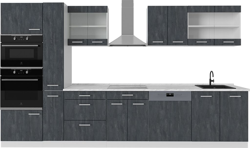 Küchenzeile Vicco R-Line Schwarz Beton/Weiß 350 cm AP Marmor, Model 47452