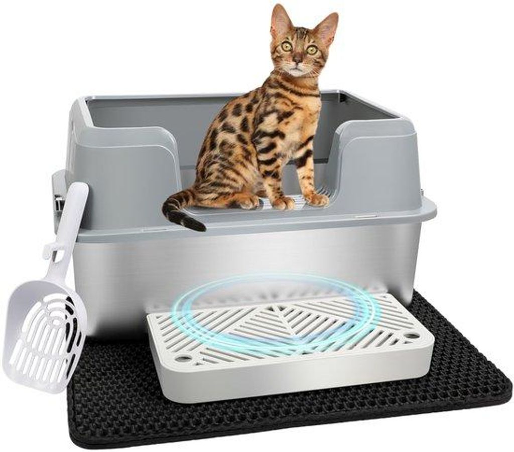 Levendige kattenbak aus Edelstahl, einfach zu reinigen und geruchsfrei. Edelstahl-Katzenklo mit Pedalen, Schaufel und Matte (grau)