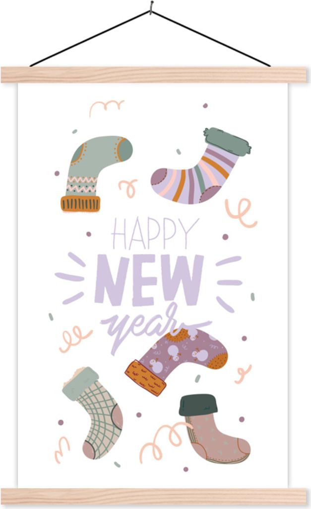 MuchoWow Textilposter Zitate - Sprichwörter - 'Frohes neues Jahr 60x90 cm mit holzfarbenen Rahmen - Textil