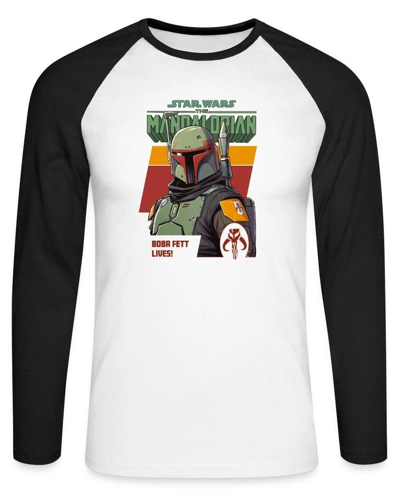 Star Wars: Mandalorian Boba Fett Lives Baseball Langarmshirt Herren, L, Weiß/Schwarz